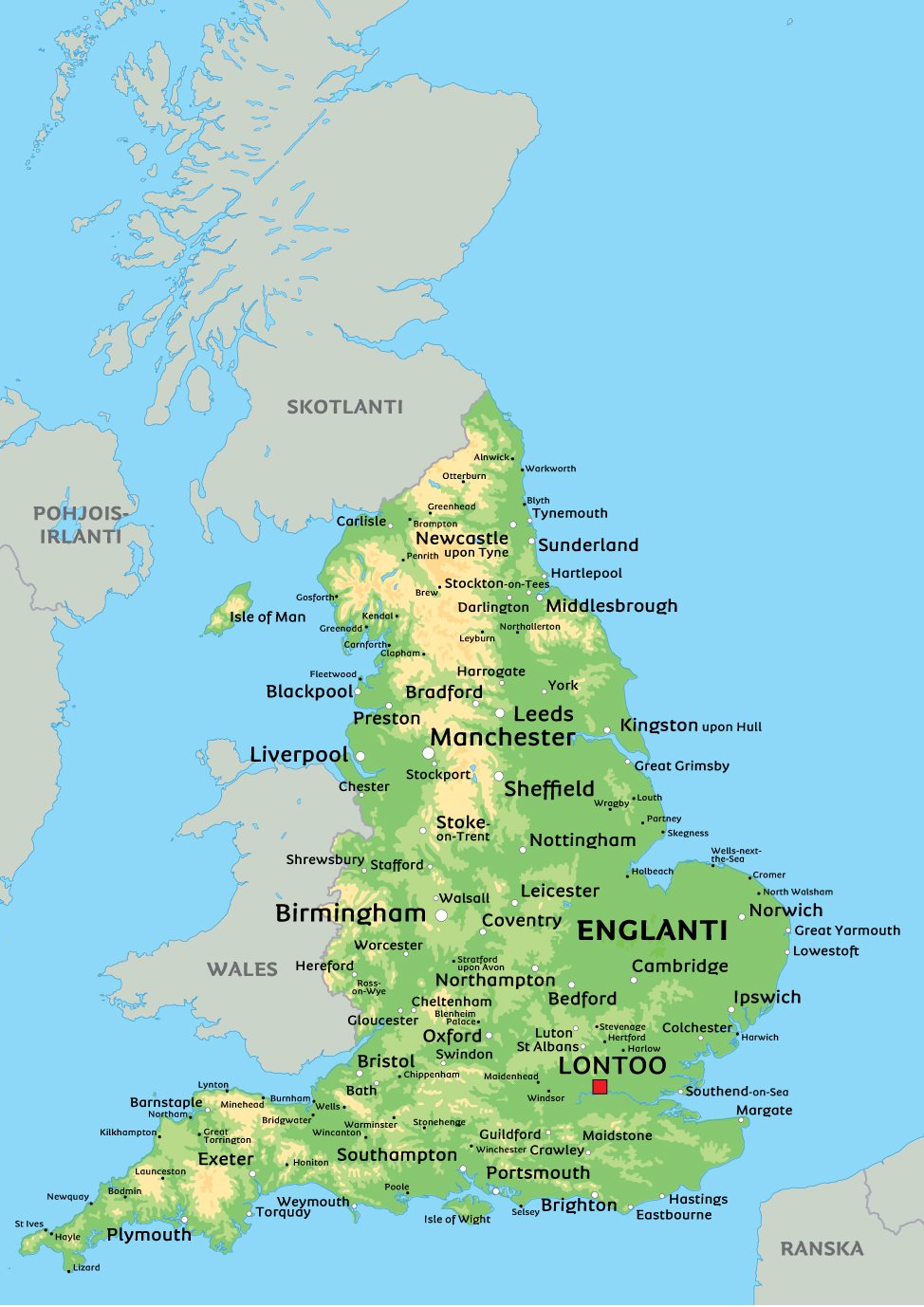 Kartta Englannista: kts. esim. kaupunkien sijainti kartasta