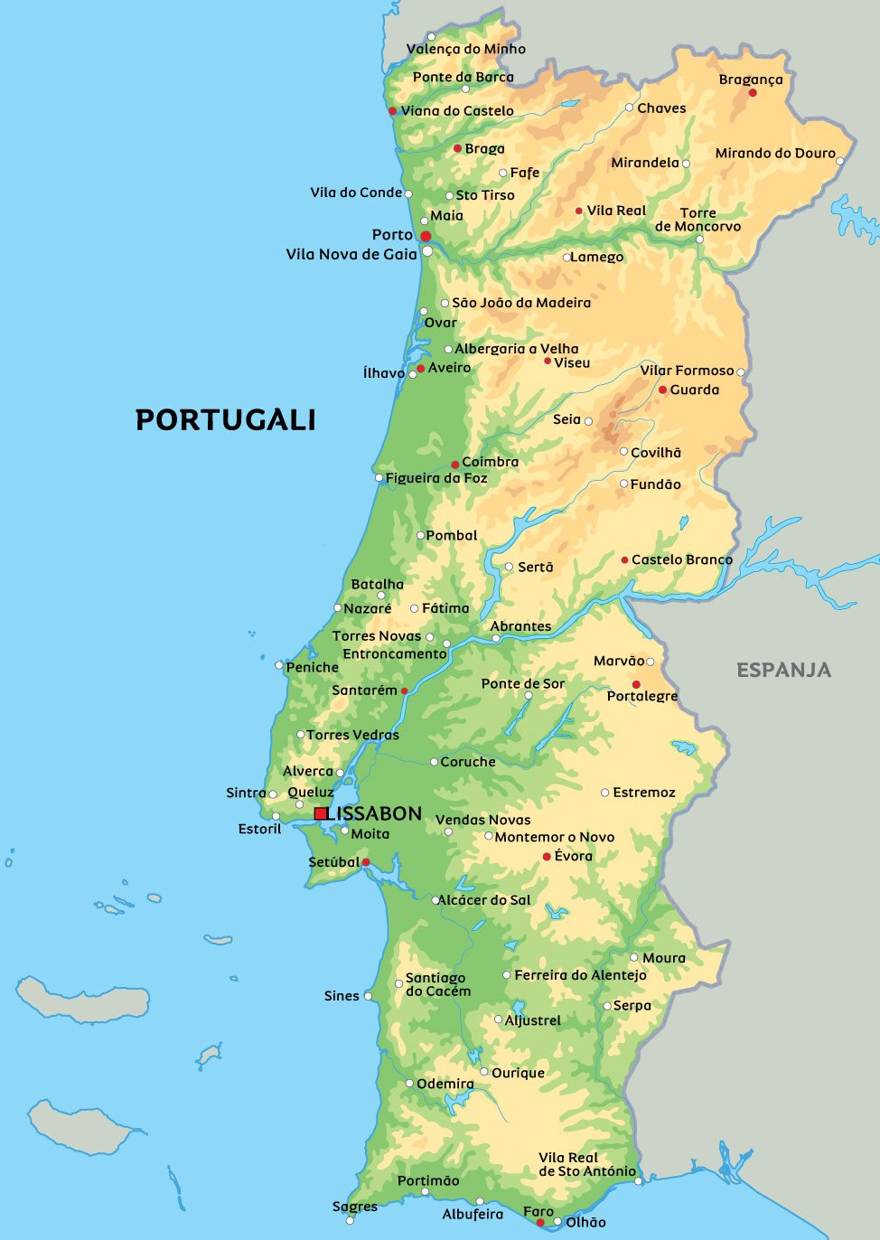Kartta Portugalista: kts. esim. kaupunkien sijainti kartasta