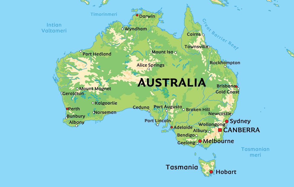 australia kartta suomeksi Kartta Australiasta Kts Esim Kaupunkien Sijainti Kartasta Sydney Canberra Ja Melbourne australia kartta suomeksi