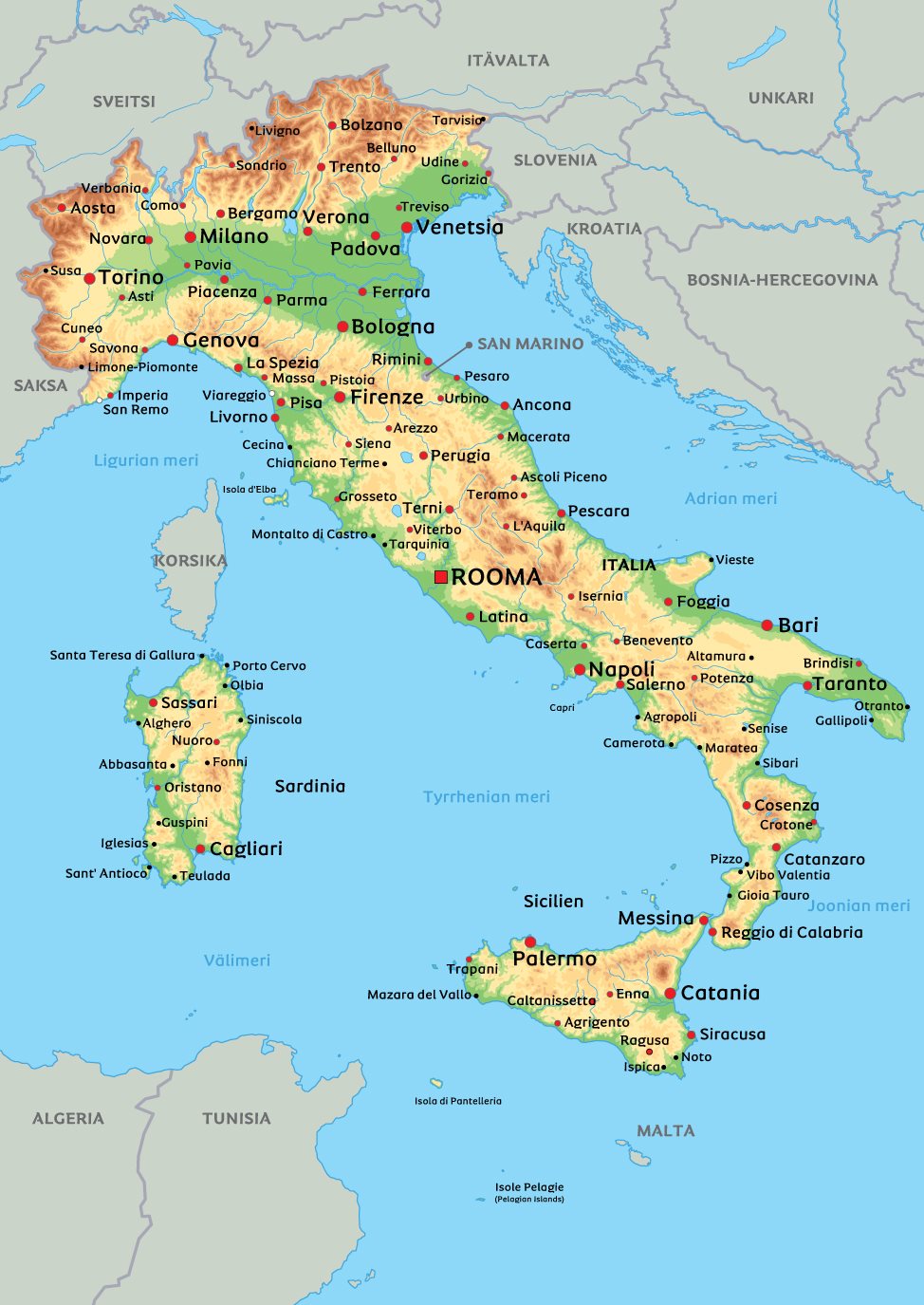 Kartta Italiasta: kts. esim. kaupunkien sijainti kartasta