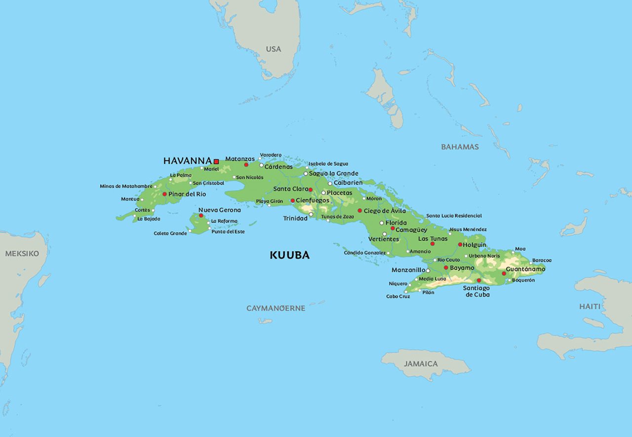 Kuuban kartta: kts. esim. kaupunkien sijainti kartasta