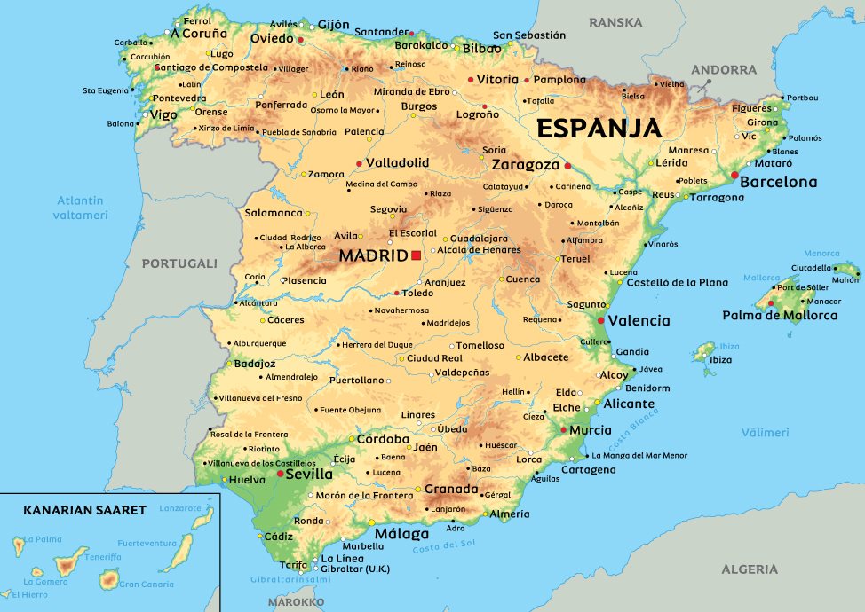 Kartta Espanjasta: kts. esim. kaupunkien sijainti kartasta