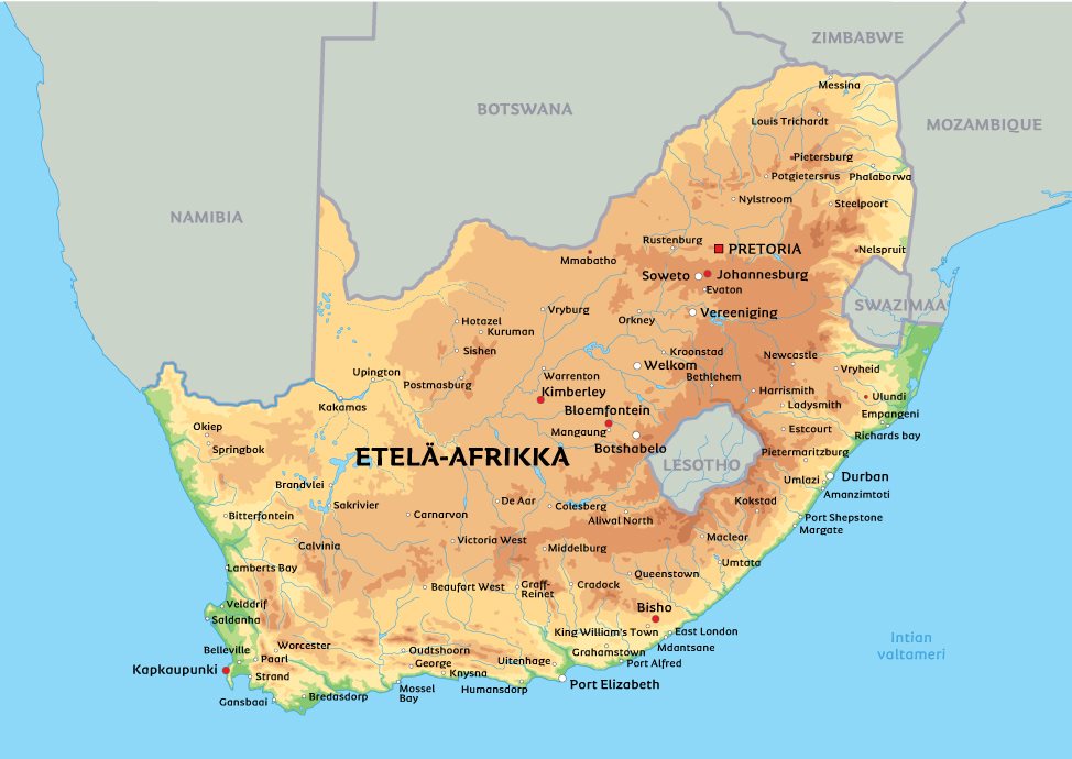 Kartta Etelä-Afrikan: kts. esim. kaupunkien sijainti kartasta